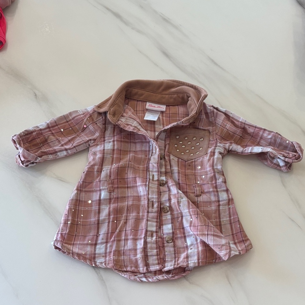 Little Lass Pink Plaid Button Down Shirt with Studded‎ Pocket